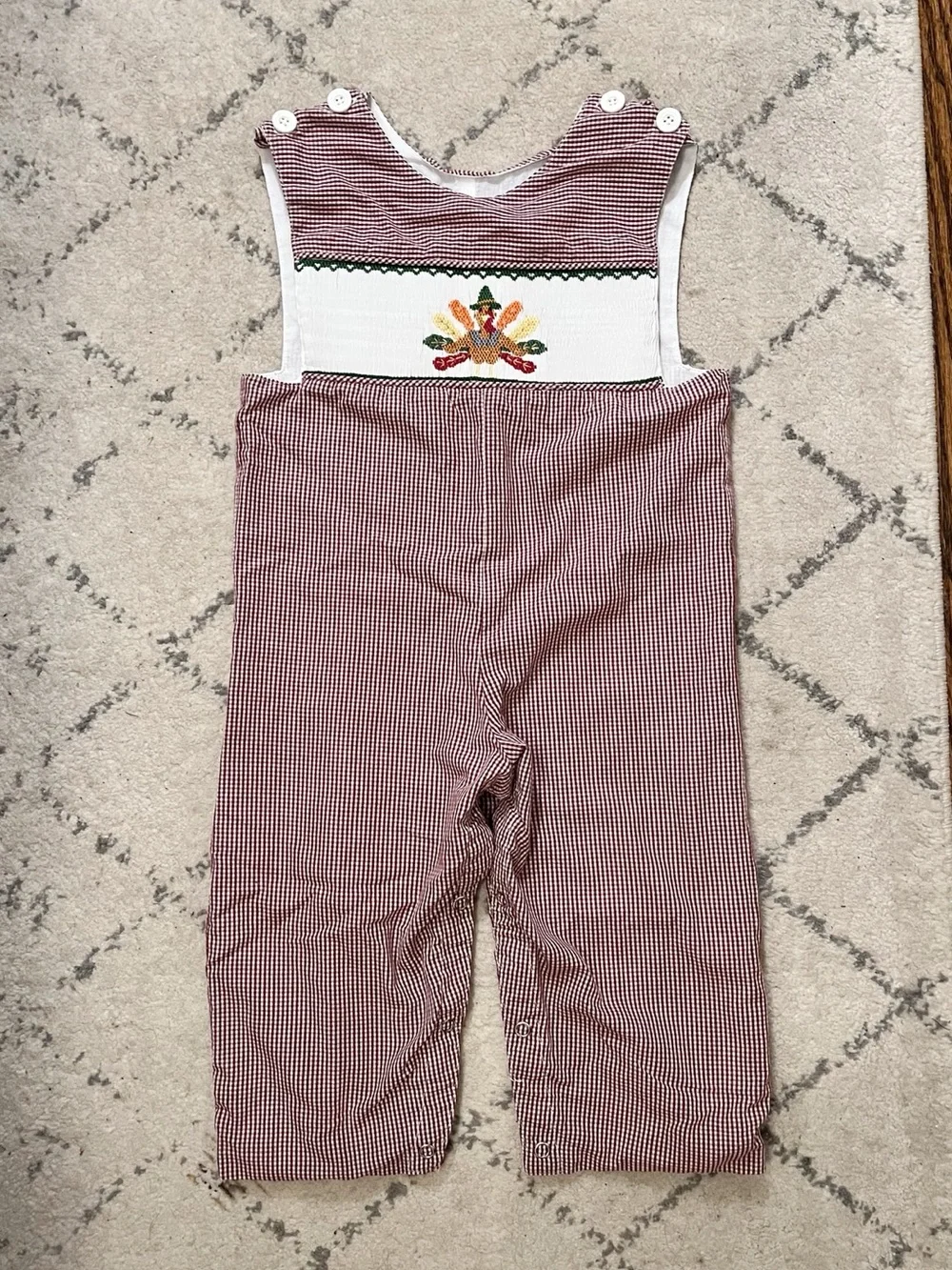 Smocked Burgundy Gingham Kids' Overalls with Autumn Embroidery